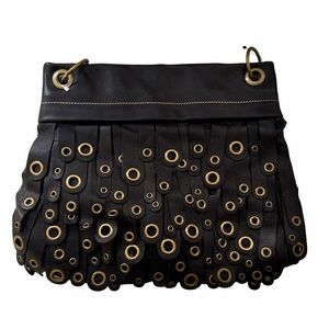 Maxx New York Black Leather Fringe Hobo Grommet Shoulder Bag Crossbody Purse NOS